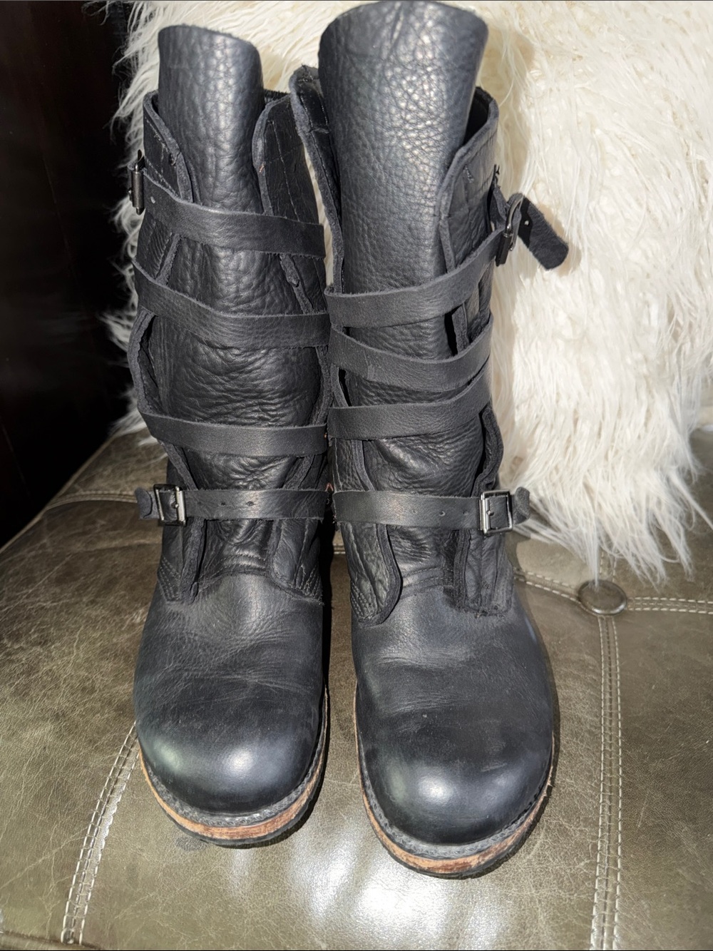 Walkover Vintage Black Leather Strappy Mid-Calf Women's Boots